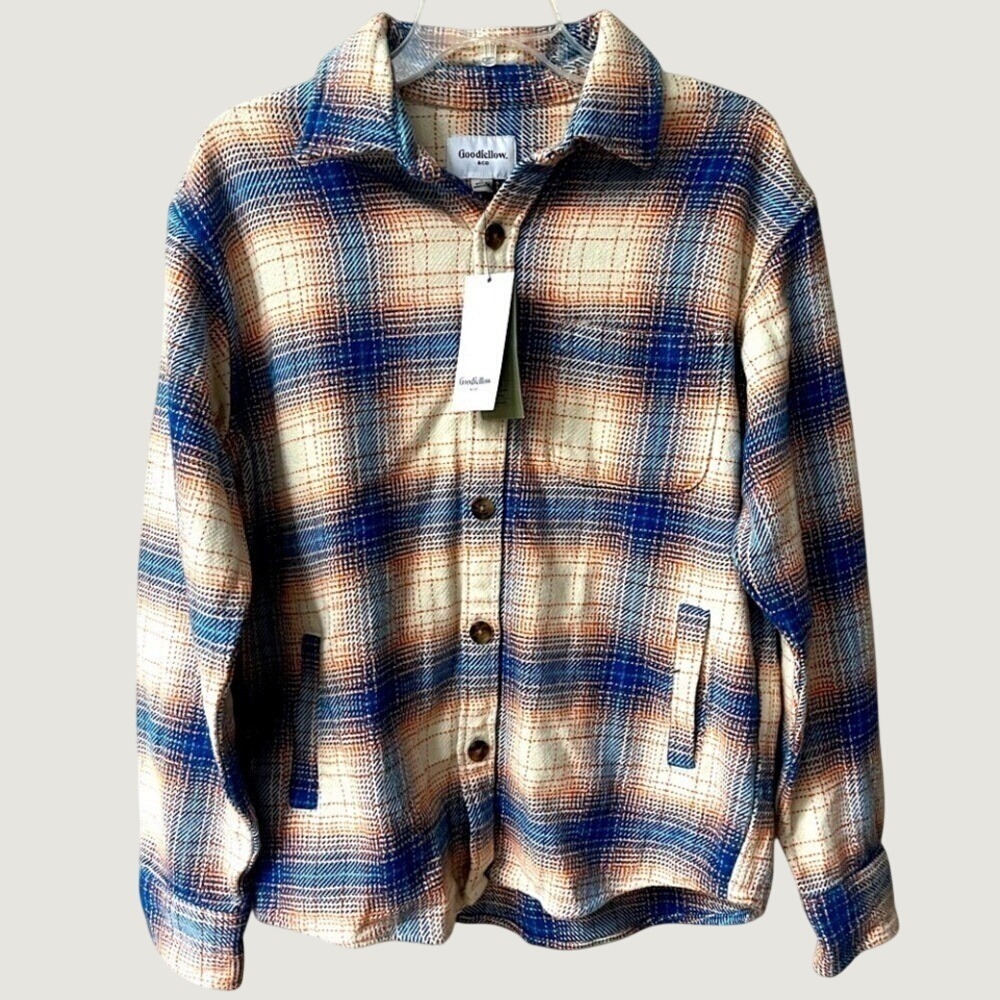 Goodfellow Button Down Flannel Shirt Shacket Mens Small Blue Orange Plaid New